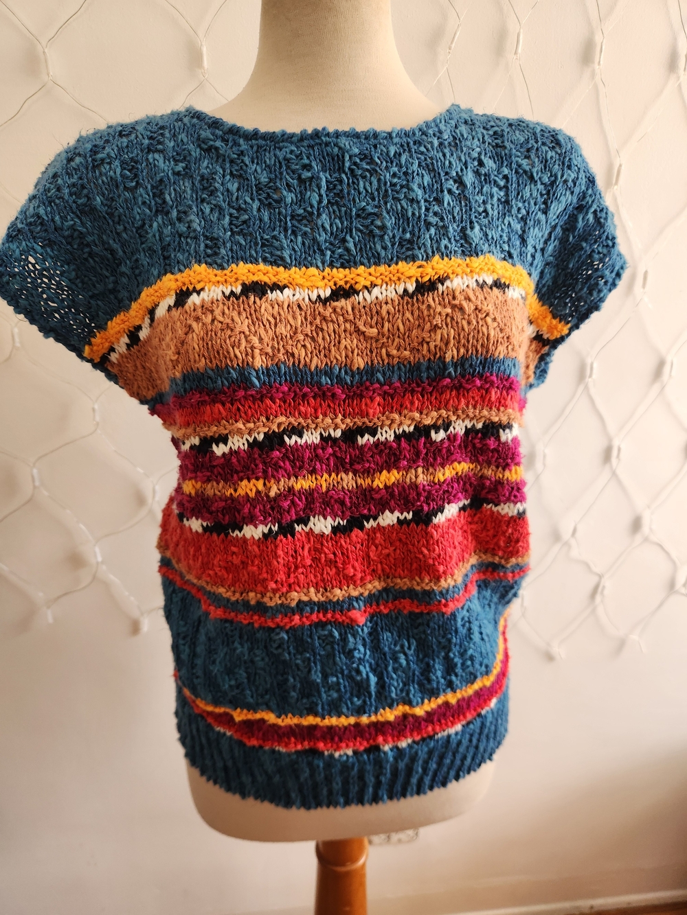 Vintage Blue Knit Pullover Top • Lindsey Blake • Linen/Cotton • Large